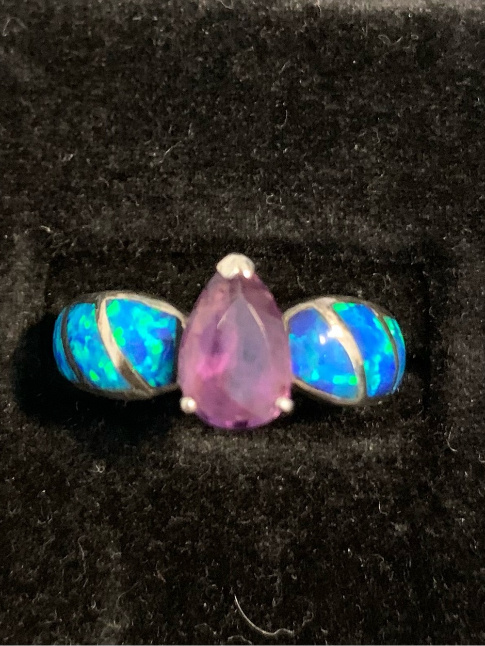 .925 STERLING SILVER LADIES AMETHYST & INLAID OPAL RING Size 6.5 -7